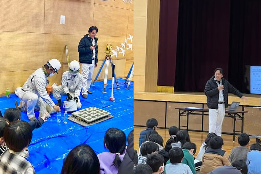 ヘルメットと作業着を着た男性が工事作業をしている